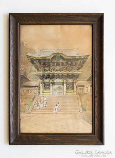 Yomeimon Gate at Tosho-gu Shrine in Nikko - Japanese watercolor painting - with bunsai loki sign