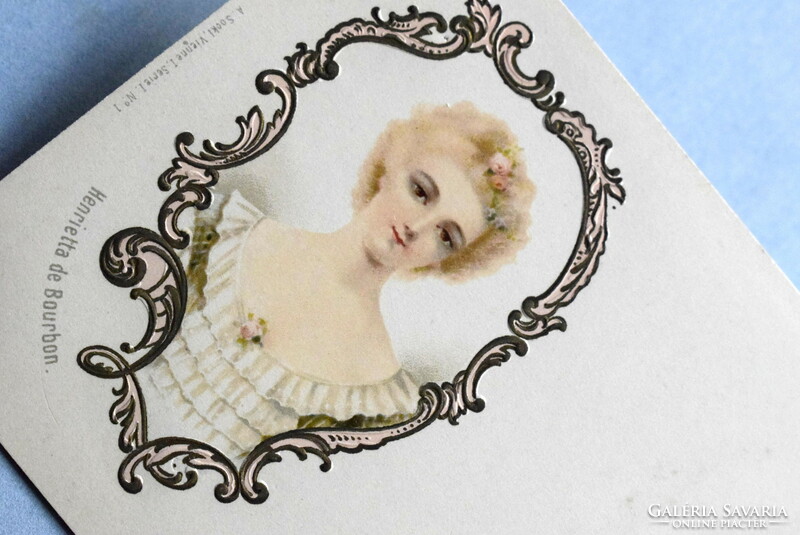 Antik művész litho képeslap  Bourbon Henriette hercegnő portréja domború keretben