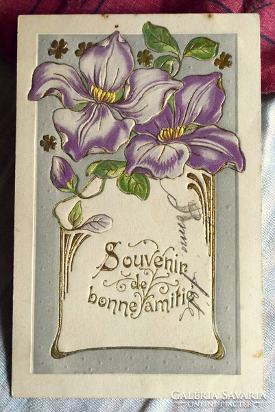 Antik szecessziós  dombornyomott Újévi  üdvözlő litho képeslap -  virág