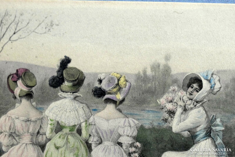 Antik MM Vienne  kézzel színezett grafikus üdvözlő képeslap - kiránduló hölgyek fatörzsön pihennek