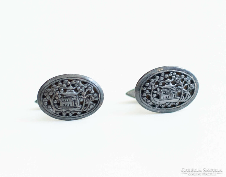 Pair of cufflinks with an openwork Chinese / Japanese pagoda pattern, thickly silver-plated - Christmas gift f