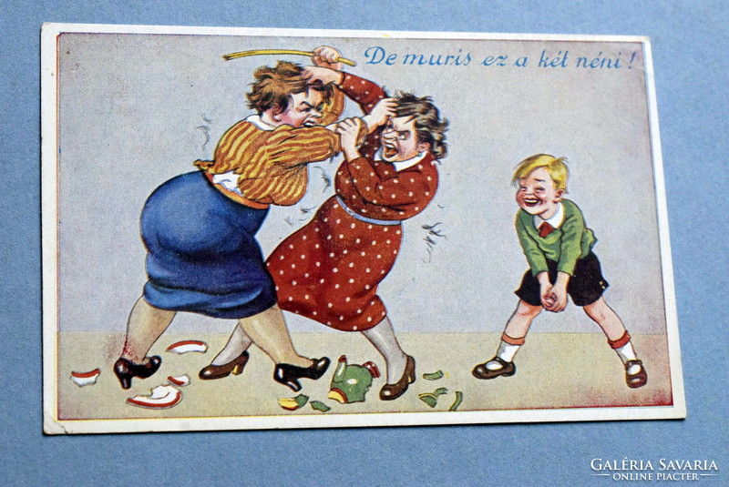 Old humorous litho postcard - women fighting