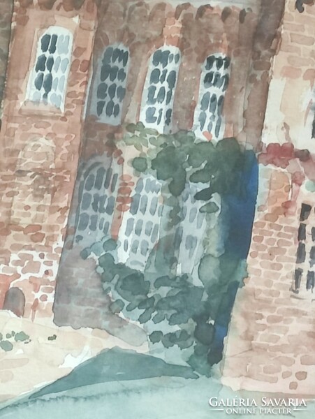 F.Peppard: Gisselfeld kolostor Dánia Faxe közelében akvarell festmény 1988