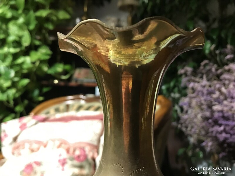 Brass, engraved vase with ruffled edges, elegant, slim design