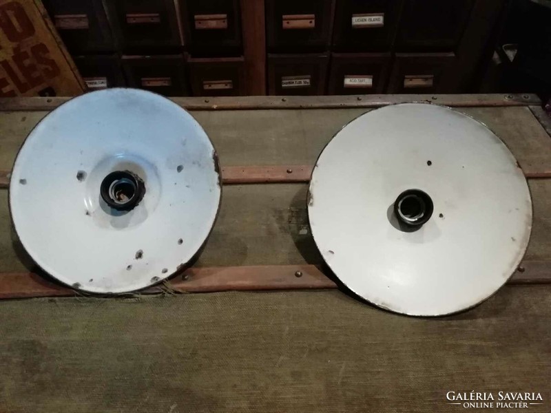 Enamel plate lamps, folk or industrial, simple ceiling lamps, 2 pieces together
