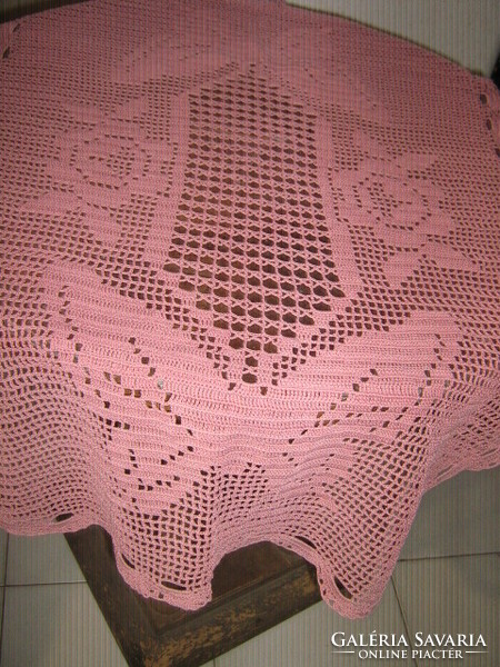 Beautiful hand-crocheted mauve tablecloth with pink butterflies