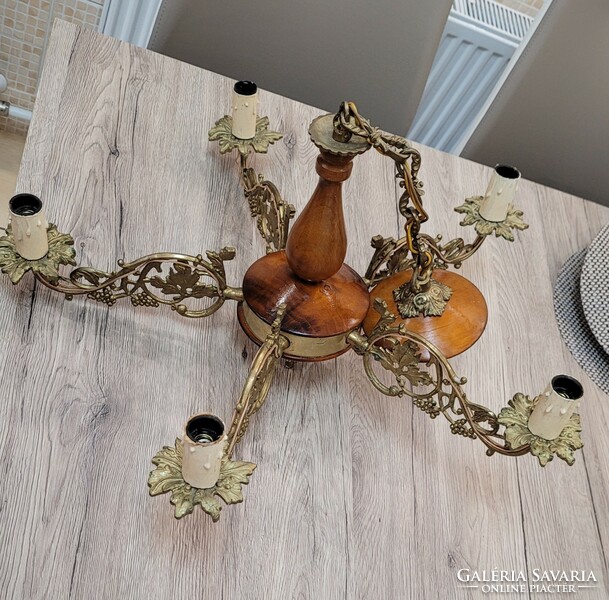 Antique 5 branch brass and wood chandelier.