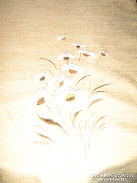 Wonderful machine embroidered runner on huge beige tablecloth