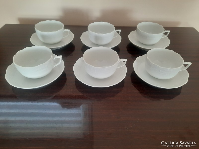 Set of 6 white Herend porcelain tea cups and saucers