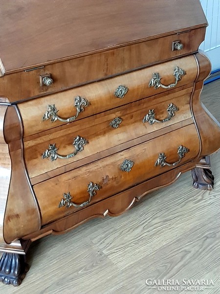 Wonderful antique baroque wooden chest of drawers, writing secretary, with secret drawer and compartments