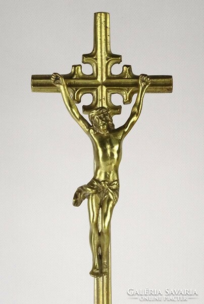 1P686 old large church table copper crucifix on pedestal 49.5 Cm