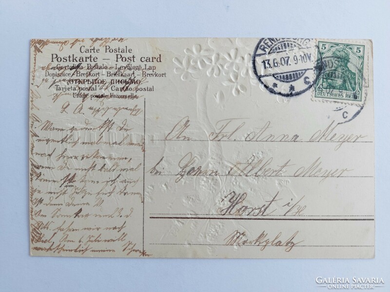 Régi képeslap 1907 dombornyomott levelezőlap tavaszi tájkép ibolya