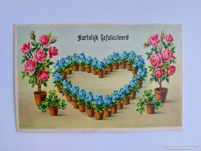 Régi virágos képeslap dombornyomott levelezőlap rózsa szív nefelejcs lóhere