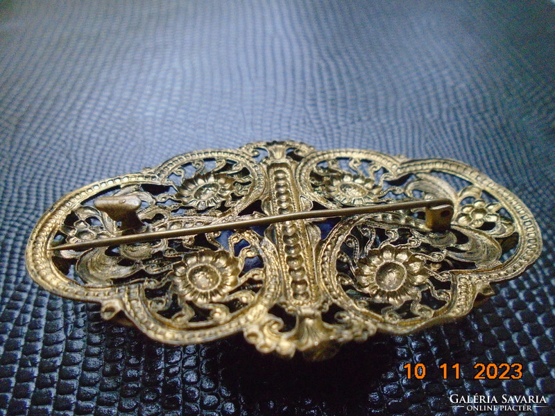 Antique gold-plated filigree spectacular brooch with polished lapis lazuli stones