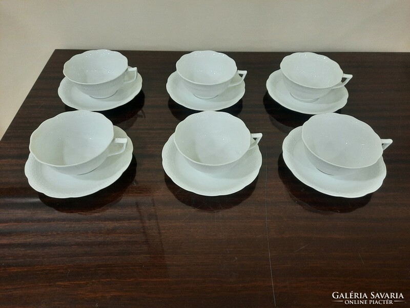 Set of 6 white Herend porcelain tea cups and saucers