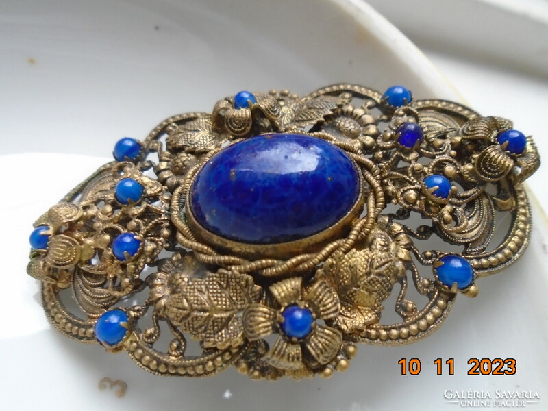 Antique gold-plated filigree spectacular brooch with polished lapis lazuli stones