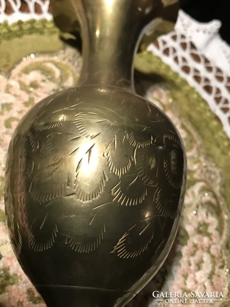 Brass, engraved vase with ruffled edges, elegant, slim design