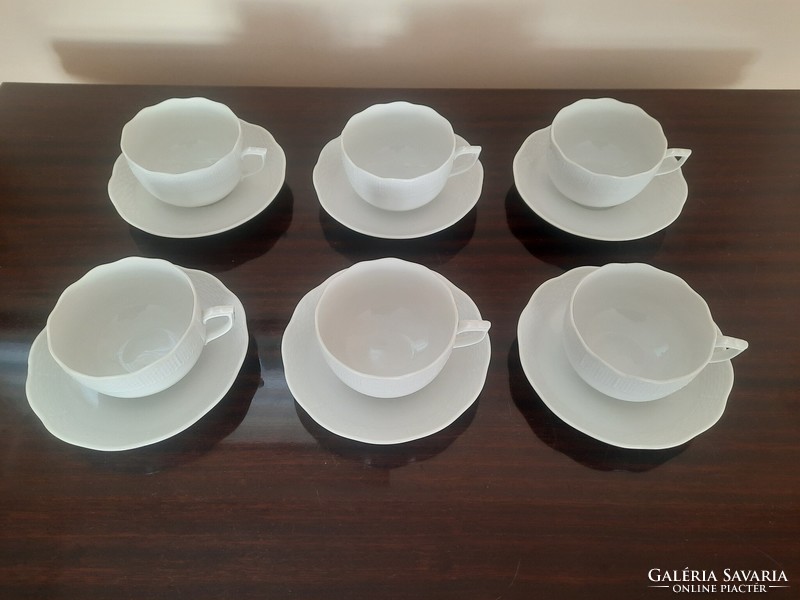 Set of 6 white Herend porcelain tea cups and saucers