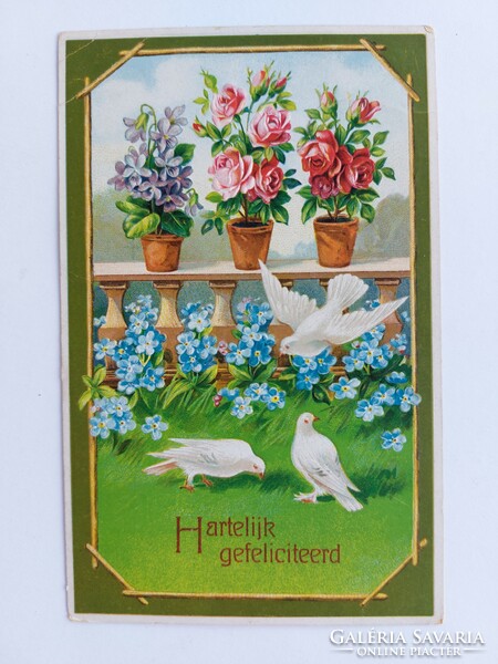 Old floral postcard embossed postcard doves rose forget-me-not violet