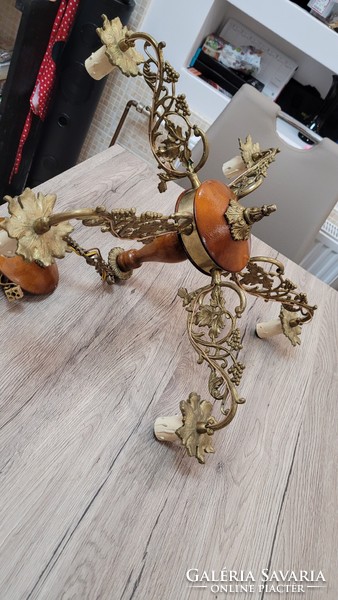 Antique 5 branch brass and wood chandelier.