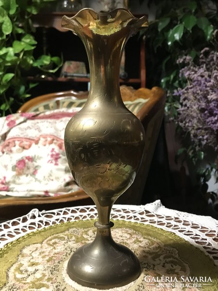 Brass, engraved vase with ruffled edges, elegant, slim design