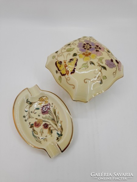 Zsolnay butterfly pattern large bonbonnier and ashtray, 2 in one