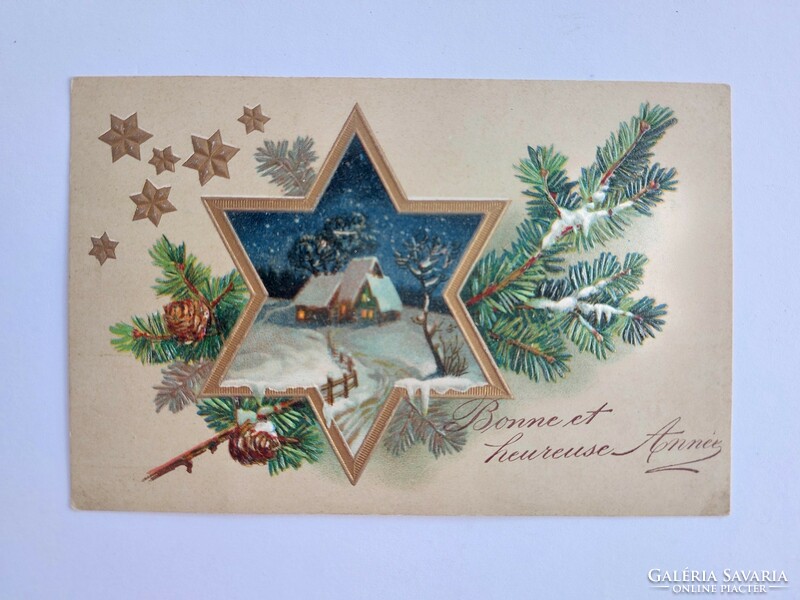 Old Christmas postcard embossed postcard stars pine branch