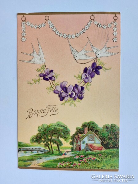 Old postcard embossed postcard landscape violet swallows flower garland