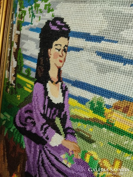 Tapestry picture, lady in purple dress