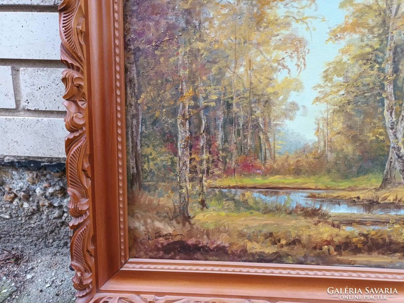 Hatalmas orosz jelzett festmény eredeti kézzel faragott fakeretben