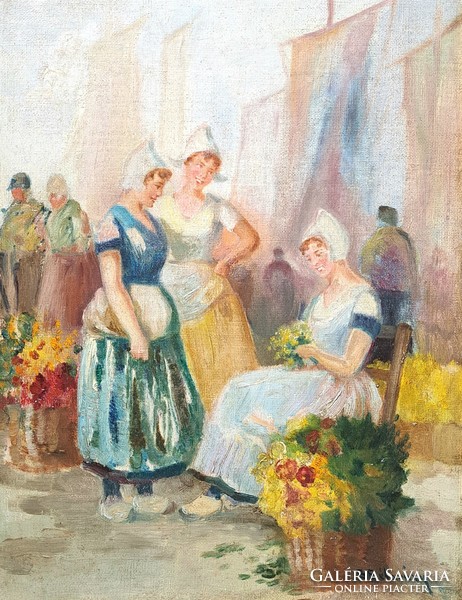 István Bélaváry Burchard: flower market (oil painting in a beautiful frame) a serene picture of life