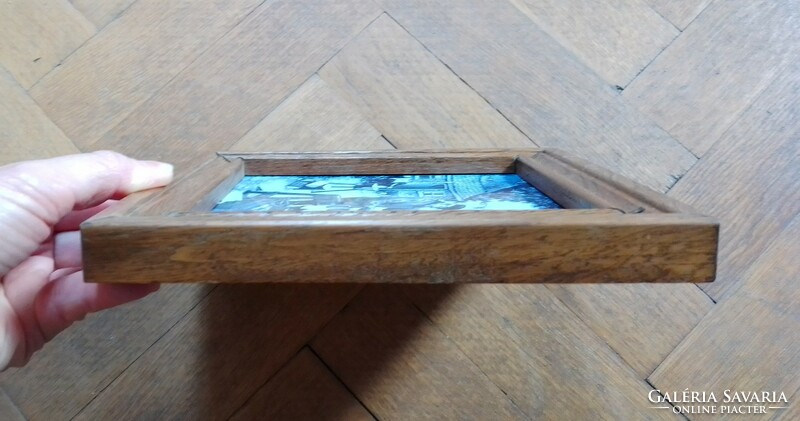 Old Dutch Delft wash blue ceramic earthenware decorative tile in a wooden frame wooden slipper maker