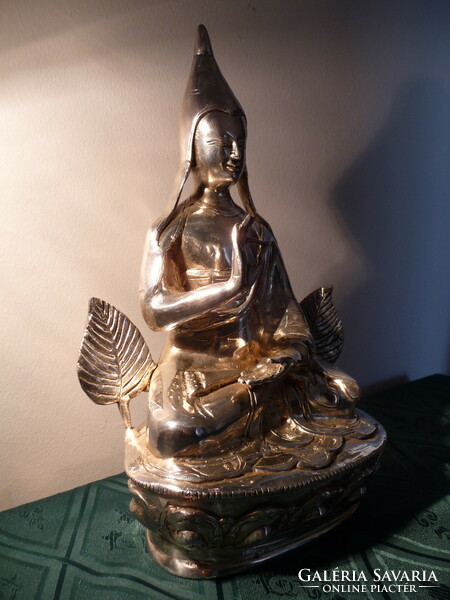 Congkapa láma ezüstözött bronz szobor 30 cm 3kg (Nepál Tibet Buddhizmus Buddha)