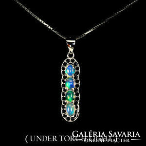 Silver fire opal and spinel pendant with necklace.