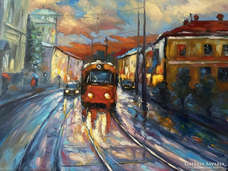 Prague tram - oil in cardboard frame - József Hochmann.