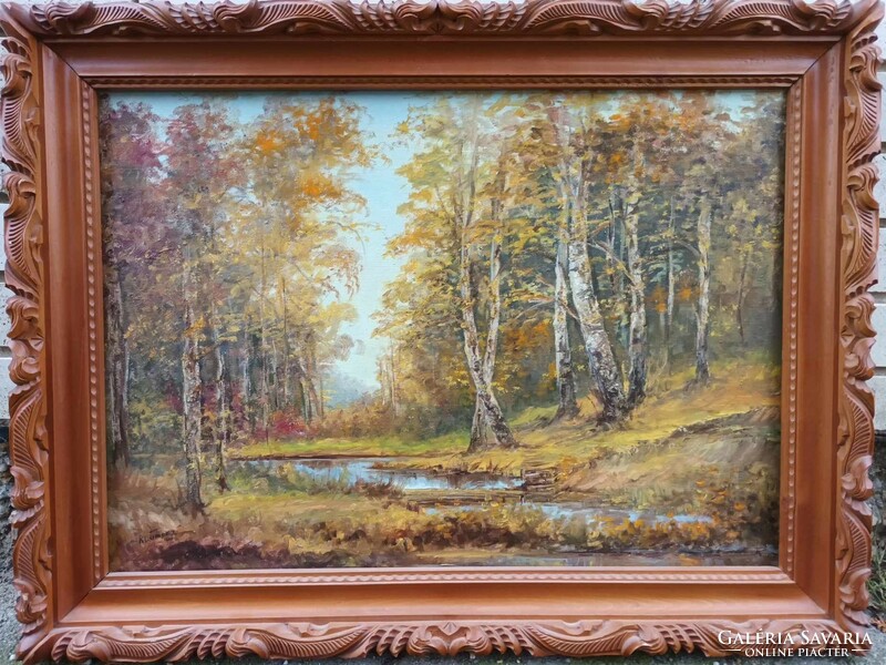 Huge Russian signed painting in an original hand-carved wooden frame