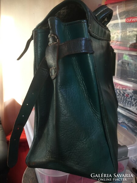 Large, huge old leather dark green travel bag, in the shape of a briefcase, also for film and theater props