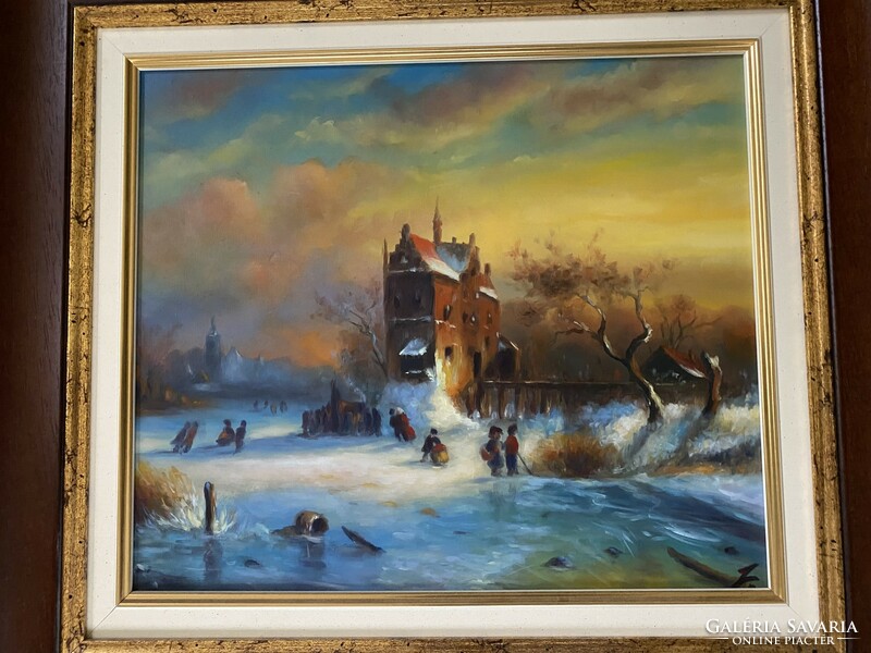 Dream castle with skaters - józsef hochamnn - oil cardboard... Christmas present?