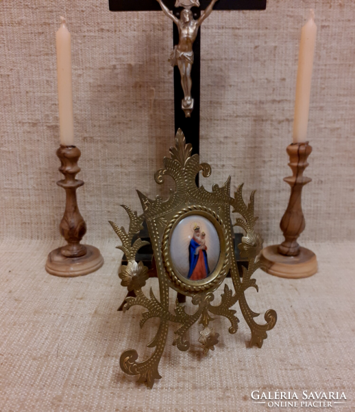 Antique small table wood corpus brass picture frame inside porcelain virgin now two black walnut candle holders