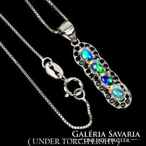 Silver fire opal and spinel pendant with necklace.