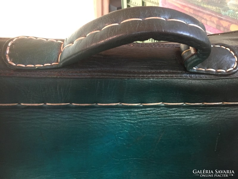 Large, huge old leather dark green travel bag, in the shape of a briefcase, also for film and theater props
