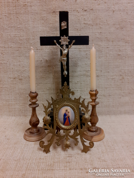 Antique small table wood corpus brass picture frame inside porcelain virgin now two black walnut candle holders