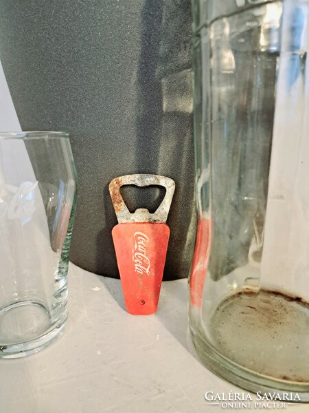 Retró Coca Cola üveg, pohár és nyitó együtt