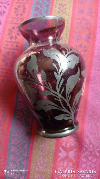 Small antique glass vase with silver painting