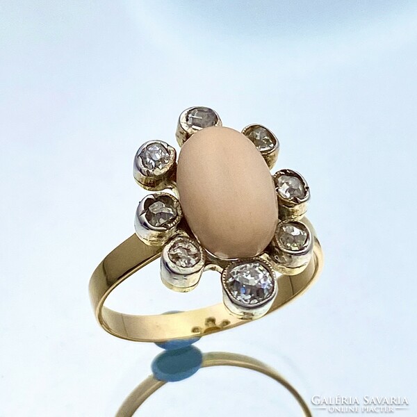 14K old coral gold ring with diamonds approx. 0.50 Ct.