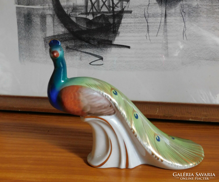 Kőbánya porcelain factory hand-painted peacock figure