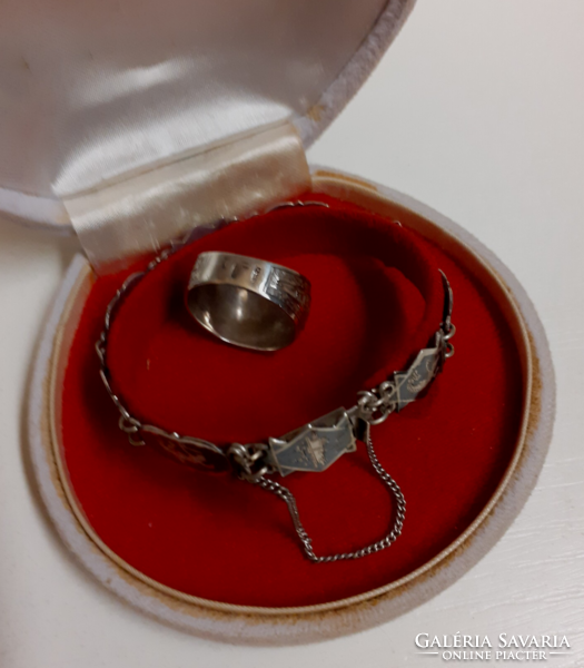 Régi női Tulaezüst karkötő karlánc karperec biztosító lánccal hozzá illő jelzett Tulaezüst  gyűrűvel