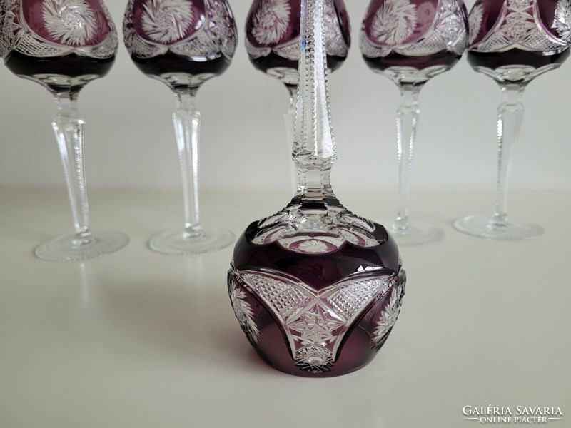 Régi Römer kristály talpas boros pohár lila nagy méretű ólomkristály készlet