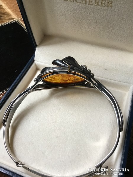 Old Polish silver bracelet with amber stone, damaged