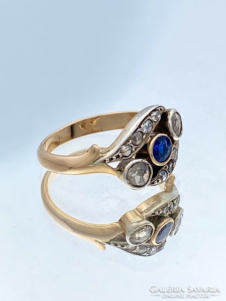 14K old gold ring with diamonds and blue sapphires approx. 0.20 Ct.